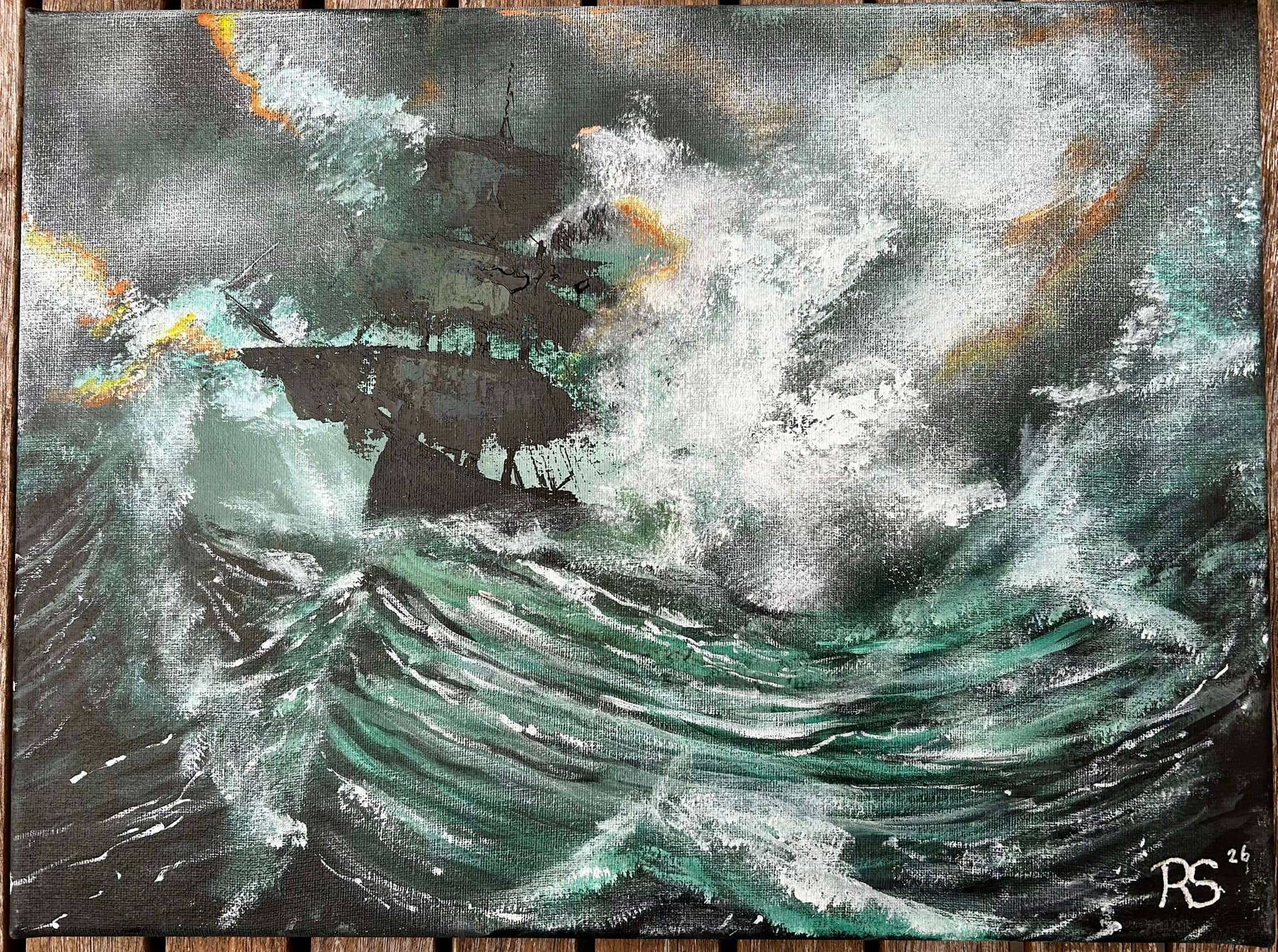 Ghostship 30x40 — Een spookschip doemt op tijdens een hevige storm op zee
